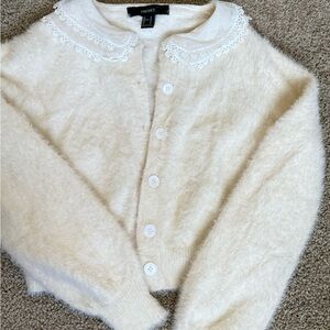 Forever 21 Cream Eyelash Fuzzy Cardigan with Lace Trim